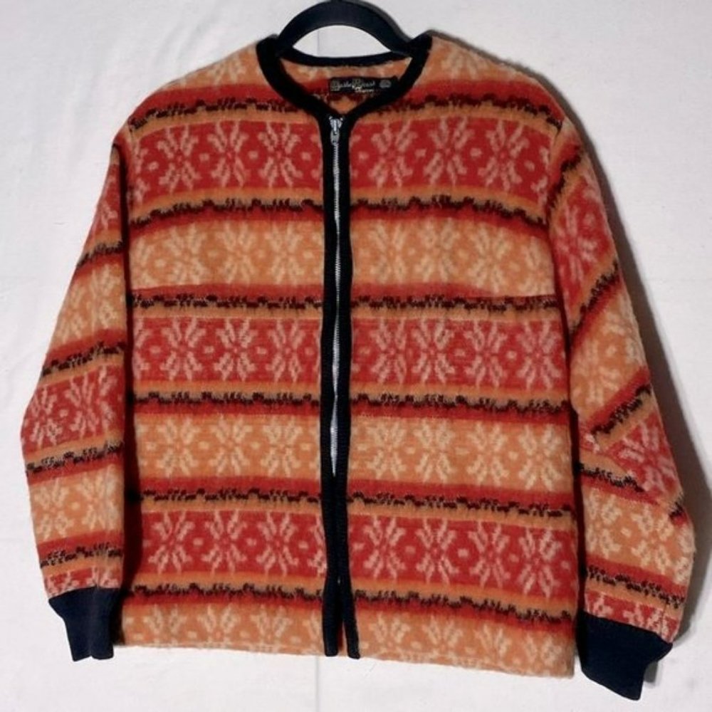 VINTAGE Earl Picard Orange Red Wool  Jacquard Snowflake Stripes M